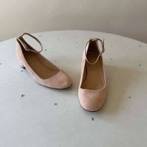 J.Crew baby pink suede Mary Janes w/Gold glitter heel size 7